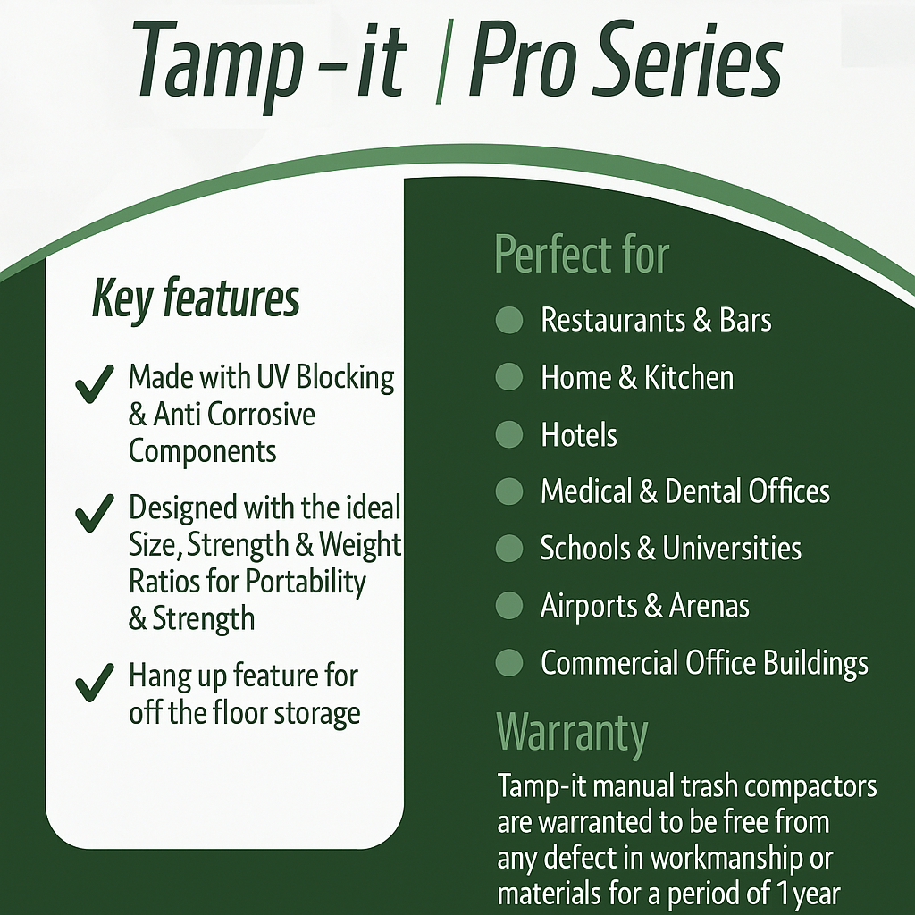 Pro Manual Trash Compactor with Extension –Compacting Area, Strong Fiber-Reinforced Composite, Under 2 lbs – White with Black Handle, Boxed (38 Inch)-tamp-it