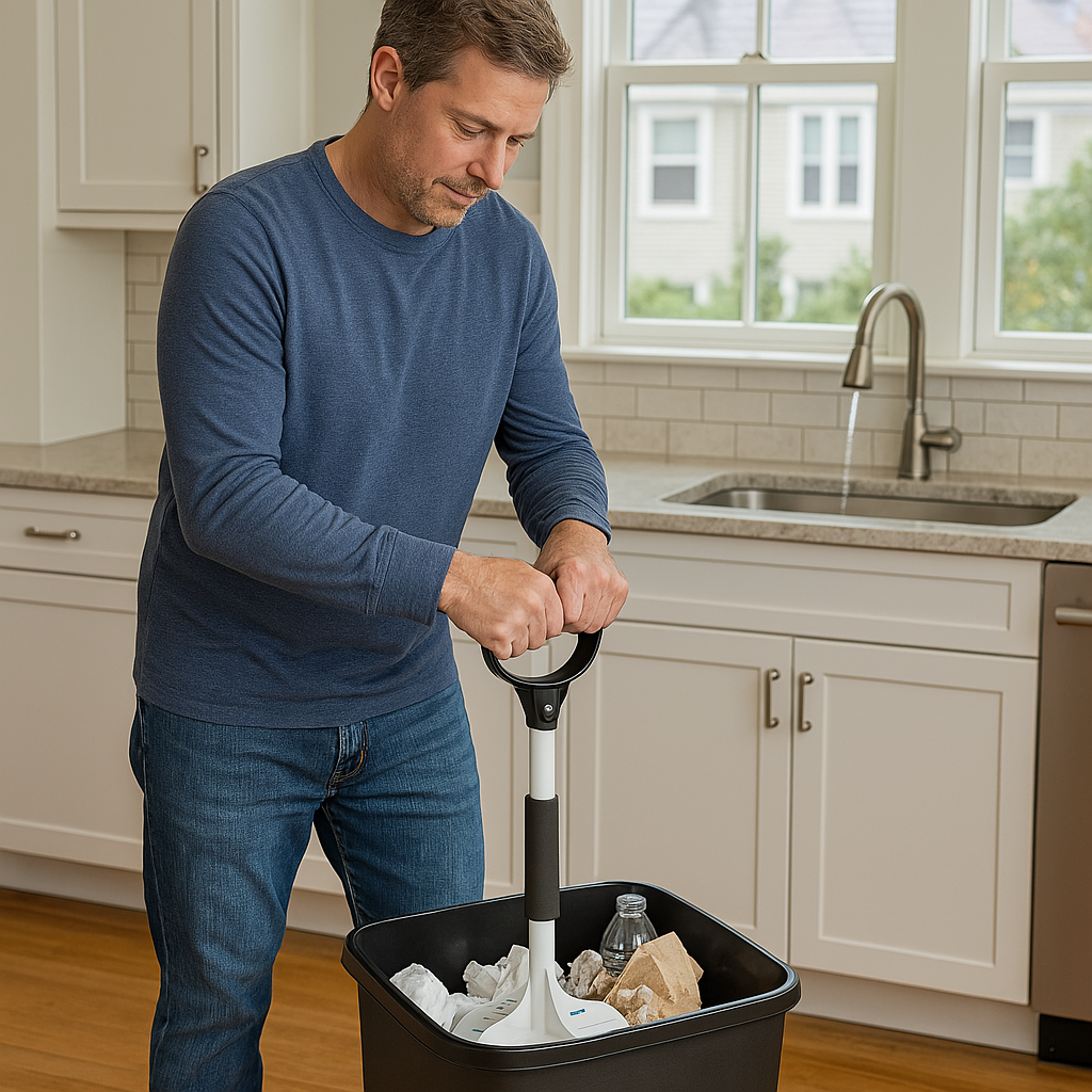 Pro Manual Trash Compactor with Extension –Compacting Area, Strong Fiber-Reinforced Composite, Under 2 lbs – White with Black Handle, Boxed (38 Inch)-tamp-it