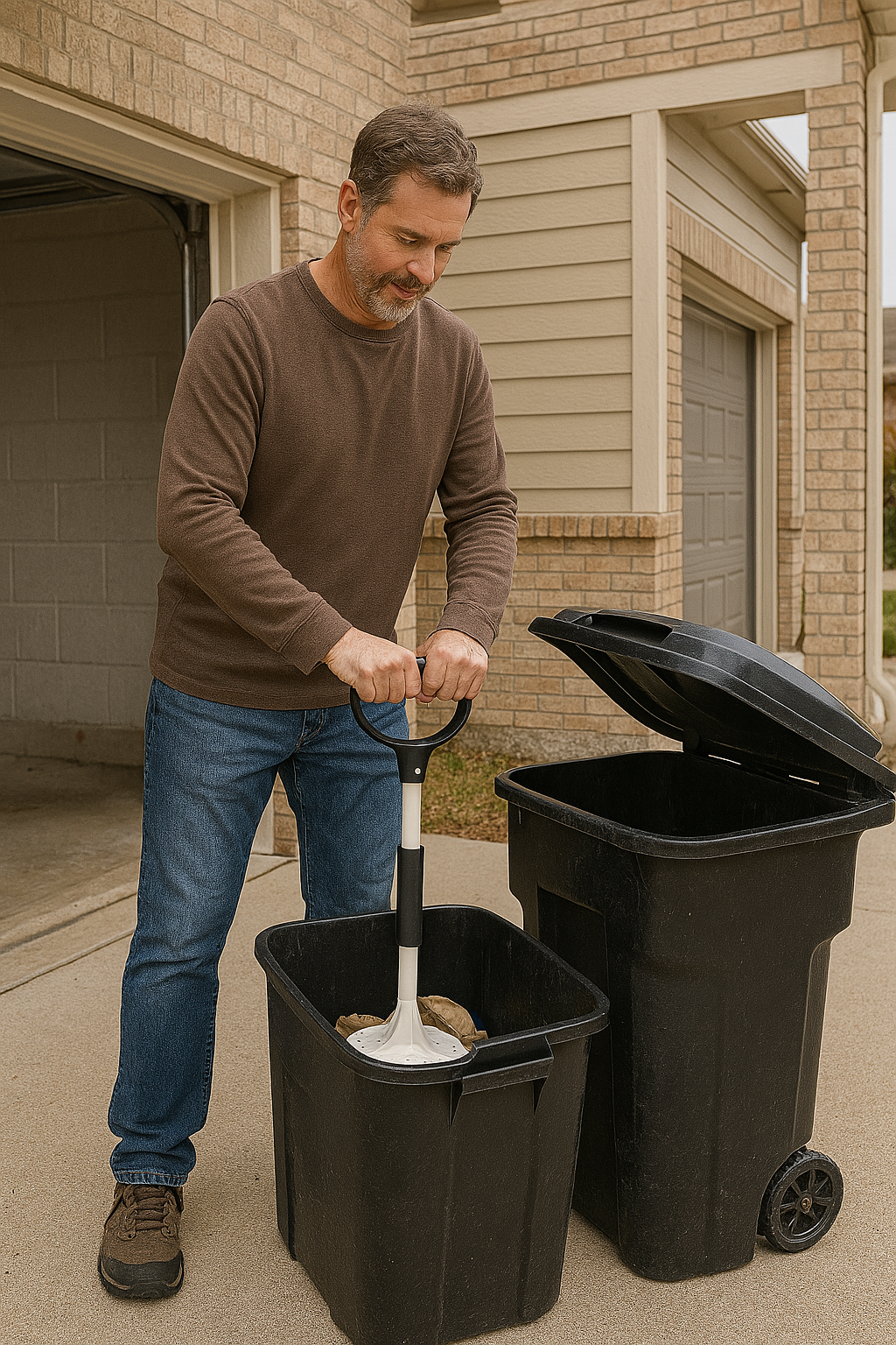 Pro Manual Trash Compactor with Extension –Compacting Area, Strong Fiber-Reinforced Composite, Under 2 lbs – White with Black Handle, Boxed (38 Inch)-tamp-it