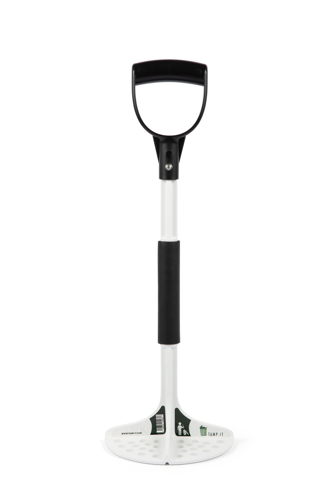 Pro Manual Trash Compactor with Extension –Compacting Area, Strong Fiber-Reinforced Composite, Under 2 lbs – White with Black Handle, Boxed (38 Inch)-tamp-it