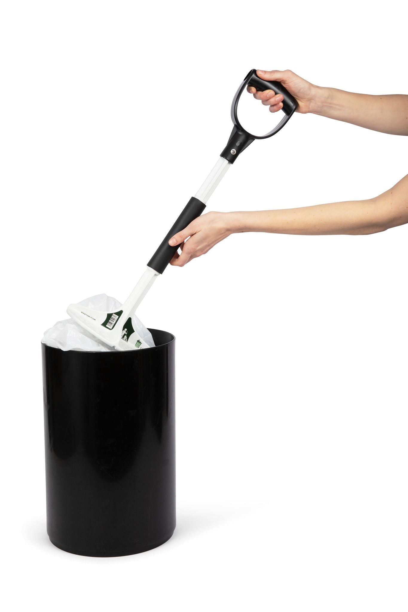 Pro Manual Trash Compactor with Extension –Compacting Area, Strong Fiber-Reinforced Composite, Under 2 lbs – White with Black Handle, Boxed (38 Inch)-tamp-it