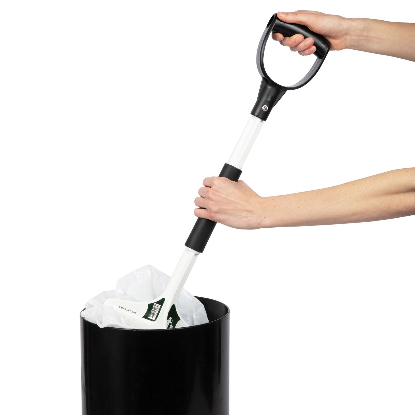 Pro Manual Trash Compactor with Extension –Compacting Area, Strong Fiber-Reinforced Composite, Under 2 lbs – White with Black Handle, Boxed (38 Inch)-tamp-it
