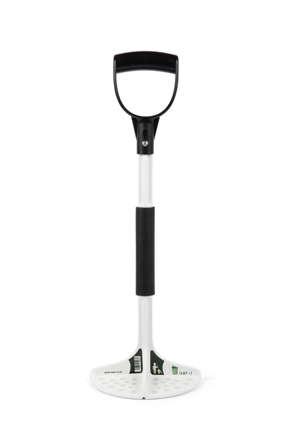 Pro Manual Trash Compactor with Extension –Compacting Area, Strong Fiber-Reinforced Composite, Under 2 lbs – White with Black Handle, Boxed (38 Inch)-tamp-it